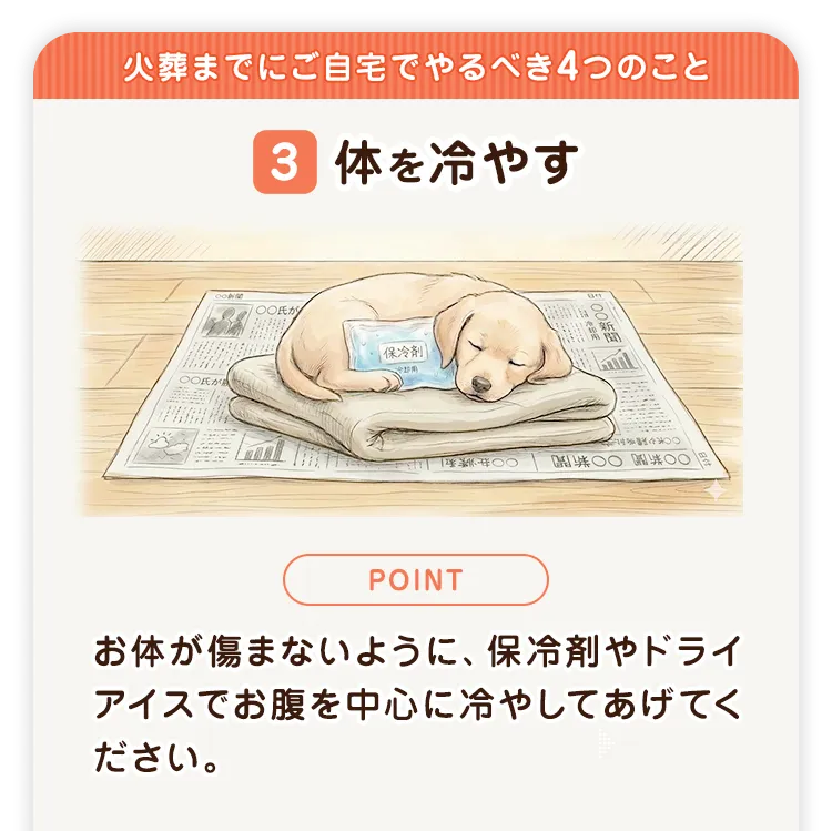 火葬までにご自宅でやるべき4つのこと 3 体を冷やす お体が傷まないように、保冷剤やドライアイスでお腹を中心に冷やしてあげてください。