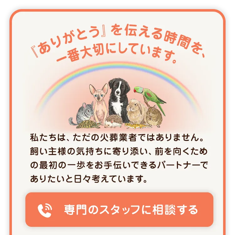 『ありがとう』を伝える時間を、一番大切にしています。私たちは、ただの火葬業者ではありません。飼い主様の気持ちに寄り添い、前を向くための最初の一歩をお手伝いできるパートナーでありたいと日々考えています。専門のスタッフに相談する