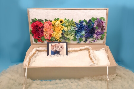 お見送り敷き掛け布団、御棺、遺影